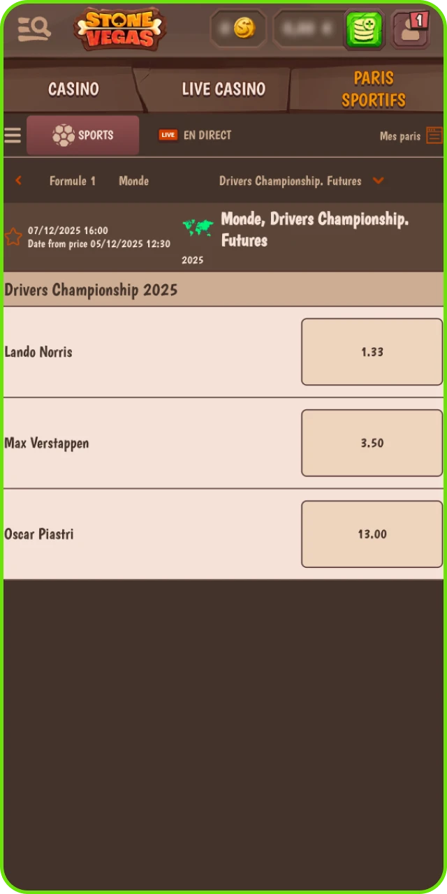 Choix du marché F1 sur Stonevegas comme vainqueur, podium, Top 10 ou meilleur tour.