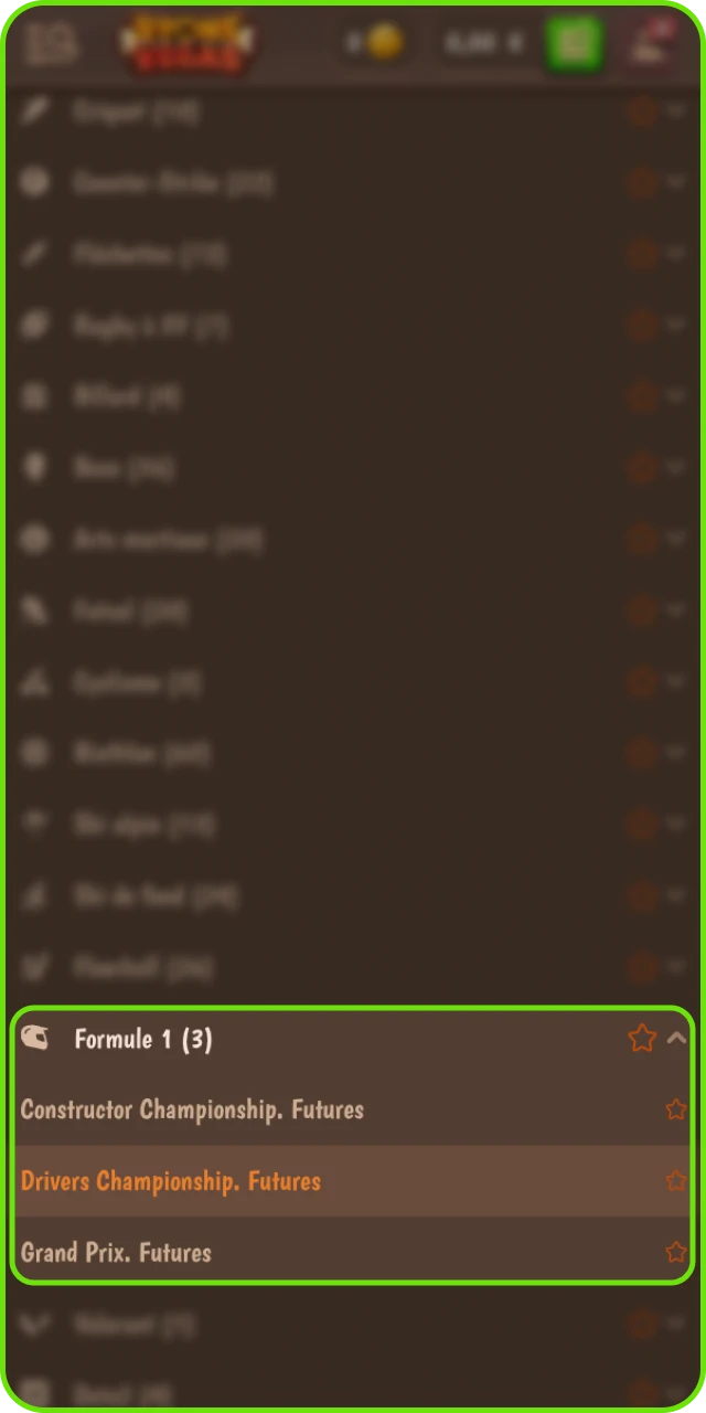 Accès à la section Formule 1 Stonevegas et sélection de GP, qualifications, sprint ou course.