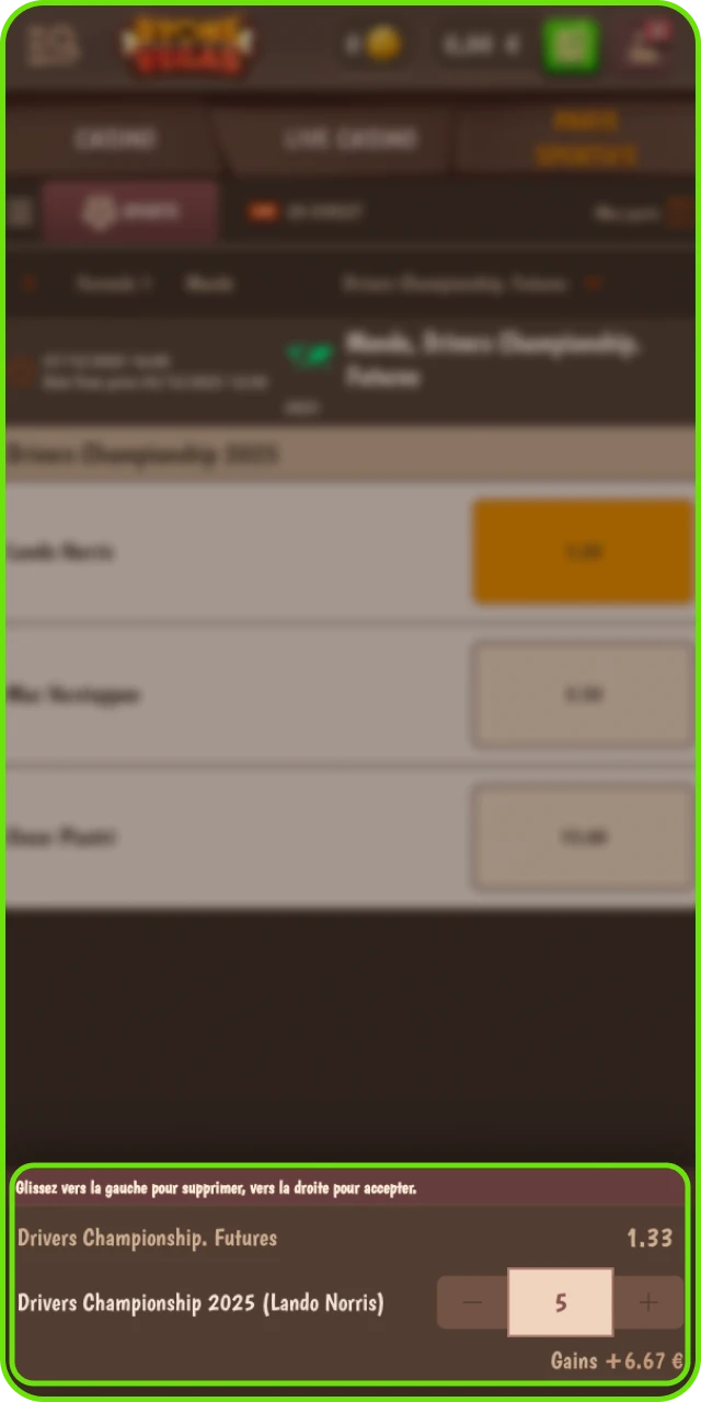 Saisie de la mise, validation du coupon et suivi des cotes F1 en temps réel sur Stonevegas.