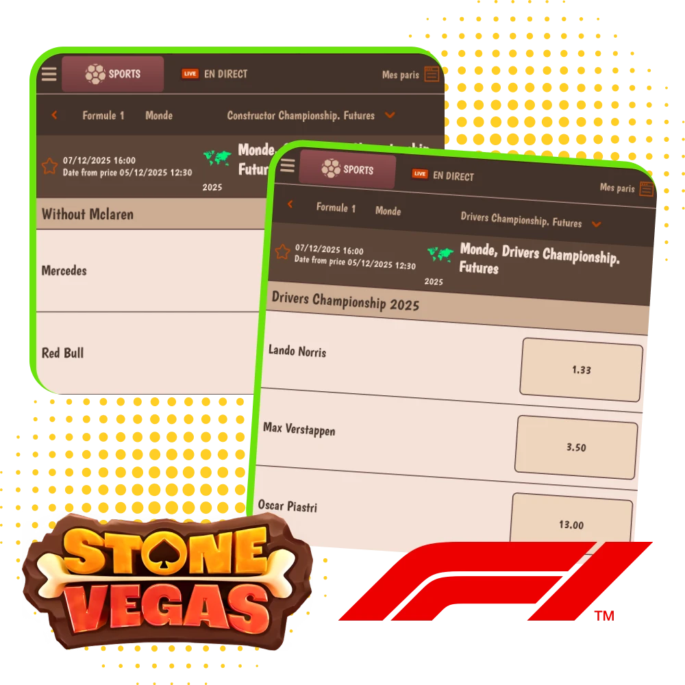 Pariez sur la F1 sur Stonevegas avec cotes en direct, marchés variés, Cash Out et bonus de bienvenue.