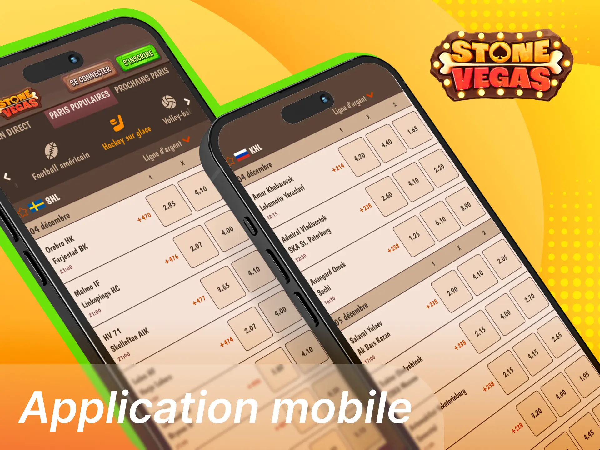 Parier sur le hockey sur glace via l’application mobile Stonevegas avec matchs en direct, filtres, statistiques et Cash Out.