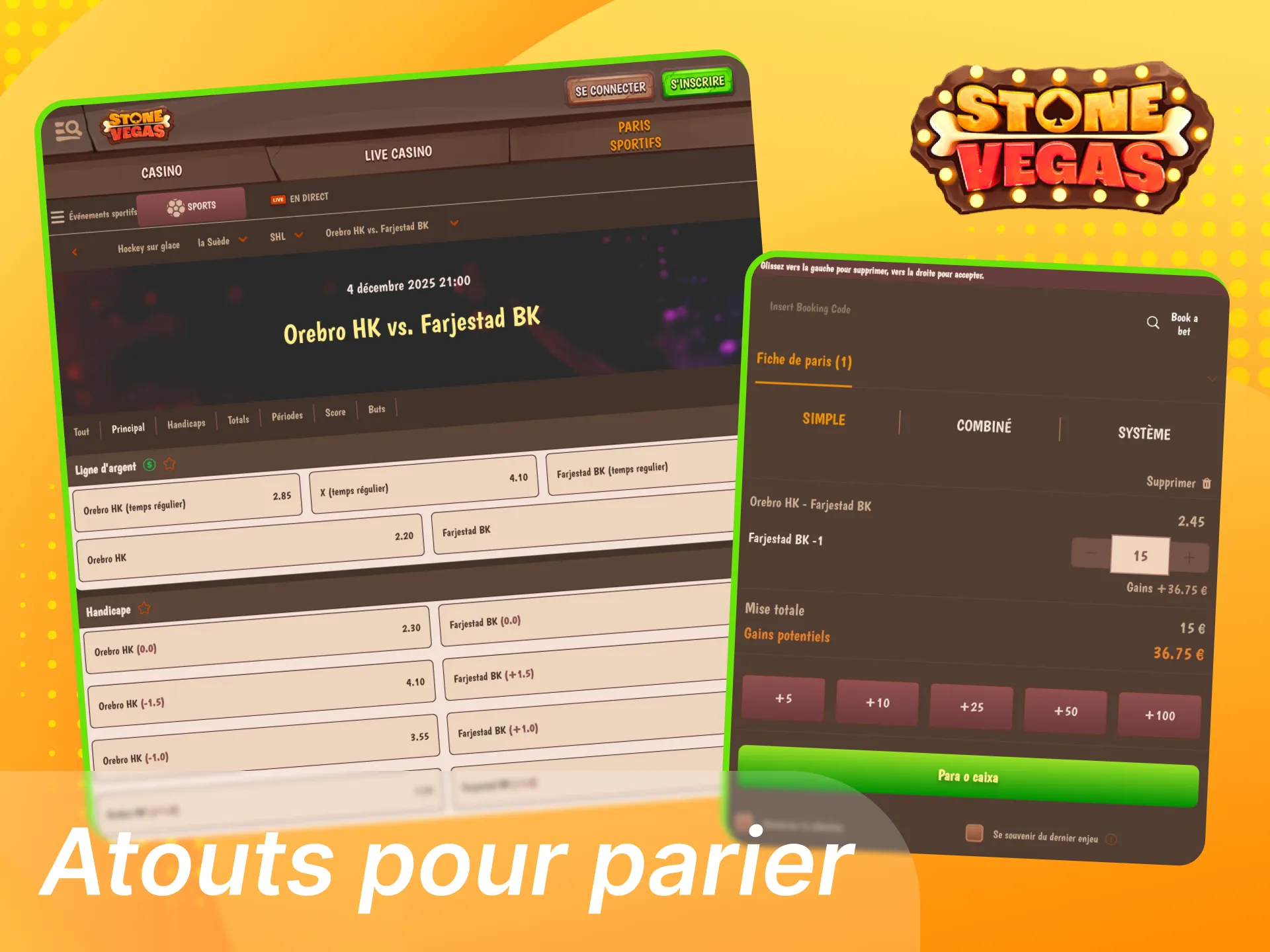 Atouts pour parier sur le hockey sur glace sur Stonevegas avec cotes en temps réel, marchés complets, Cash Out, statistiques live et outils de jeu responsable.