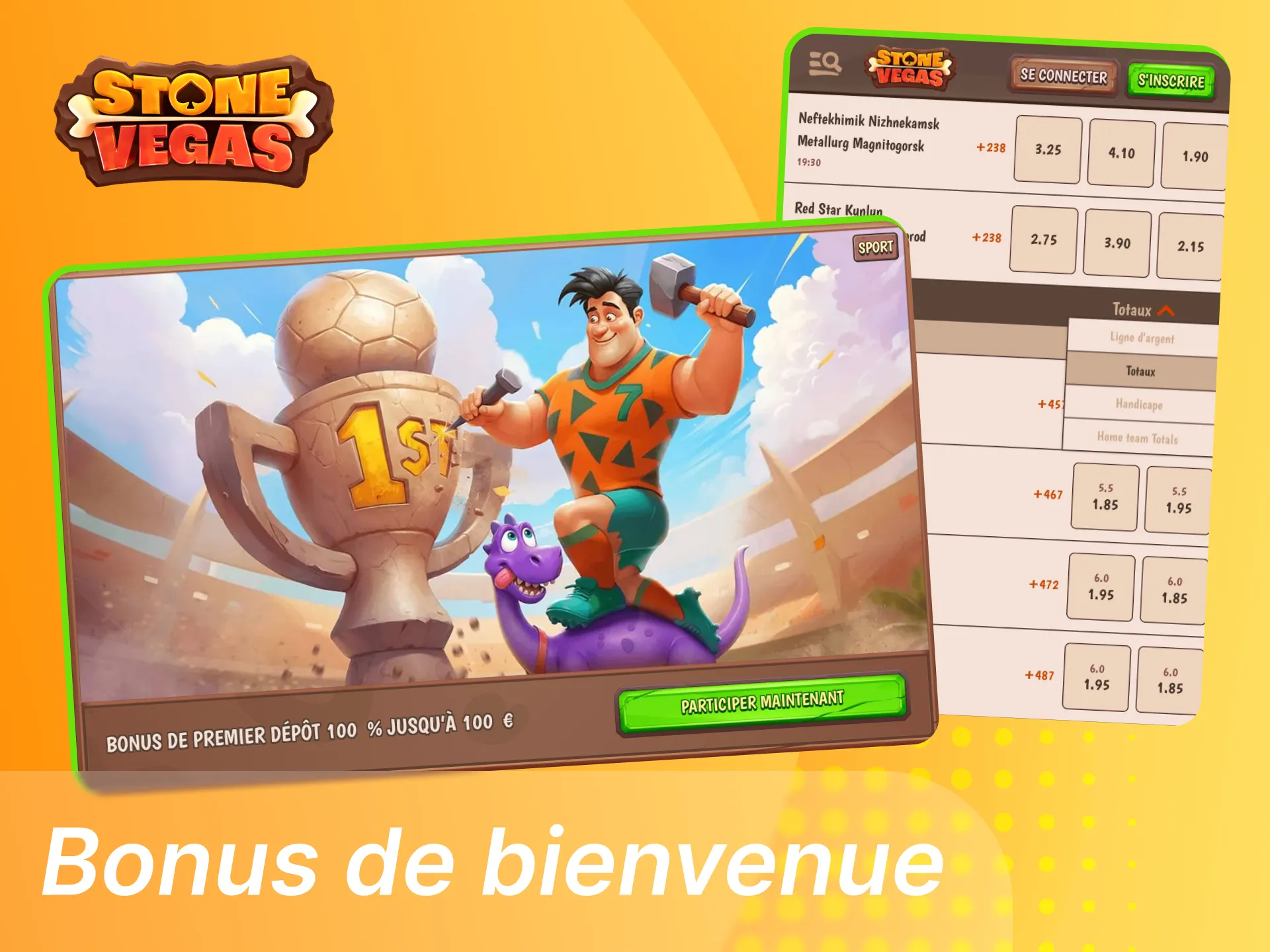 Bonus de bienvenue paris sportifs Stonevegas offrant remboursement en pari gratuit sur le premier pari perdant, avec conditions et marchés éligibles.