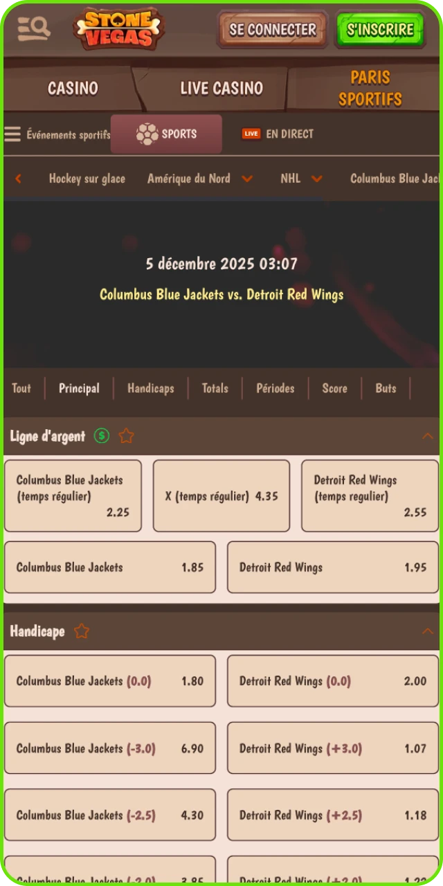 Choix du marché de pari hockey Stonevegas comme 1N2, total buts ou buteur.