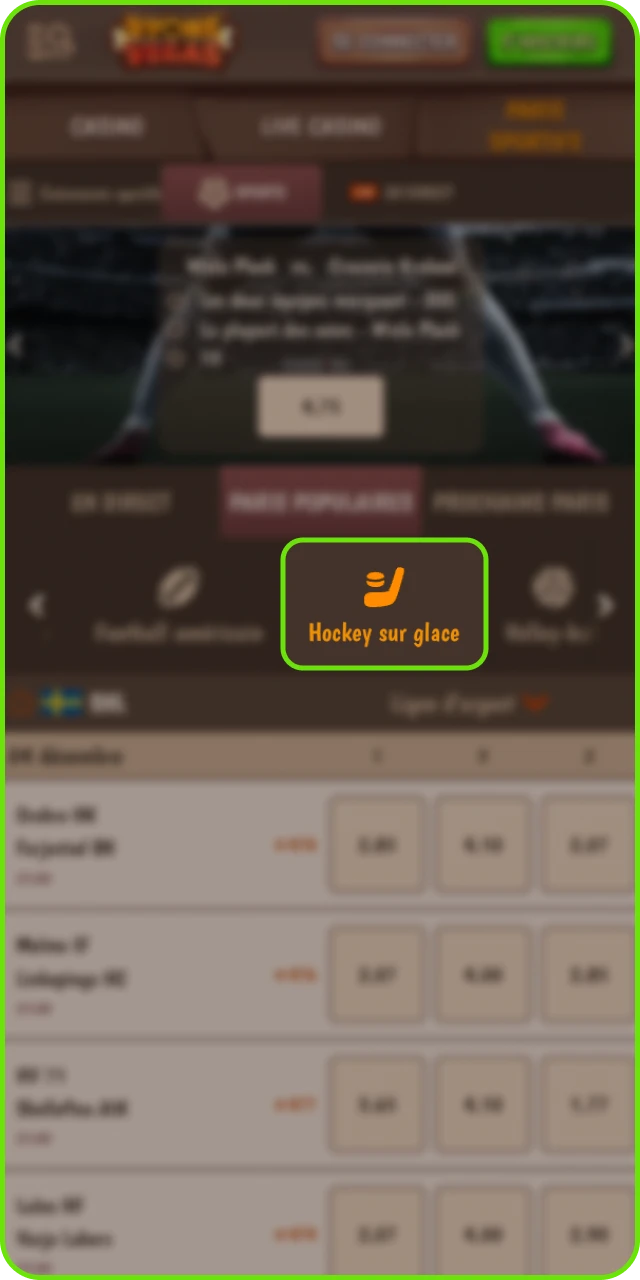 Accès à la section Hockey sur glace dans le menu Sports Stonevegas.