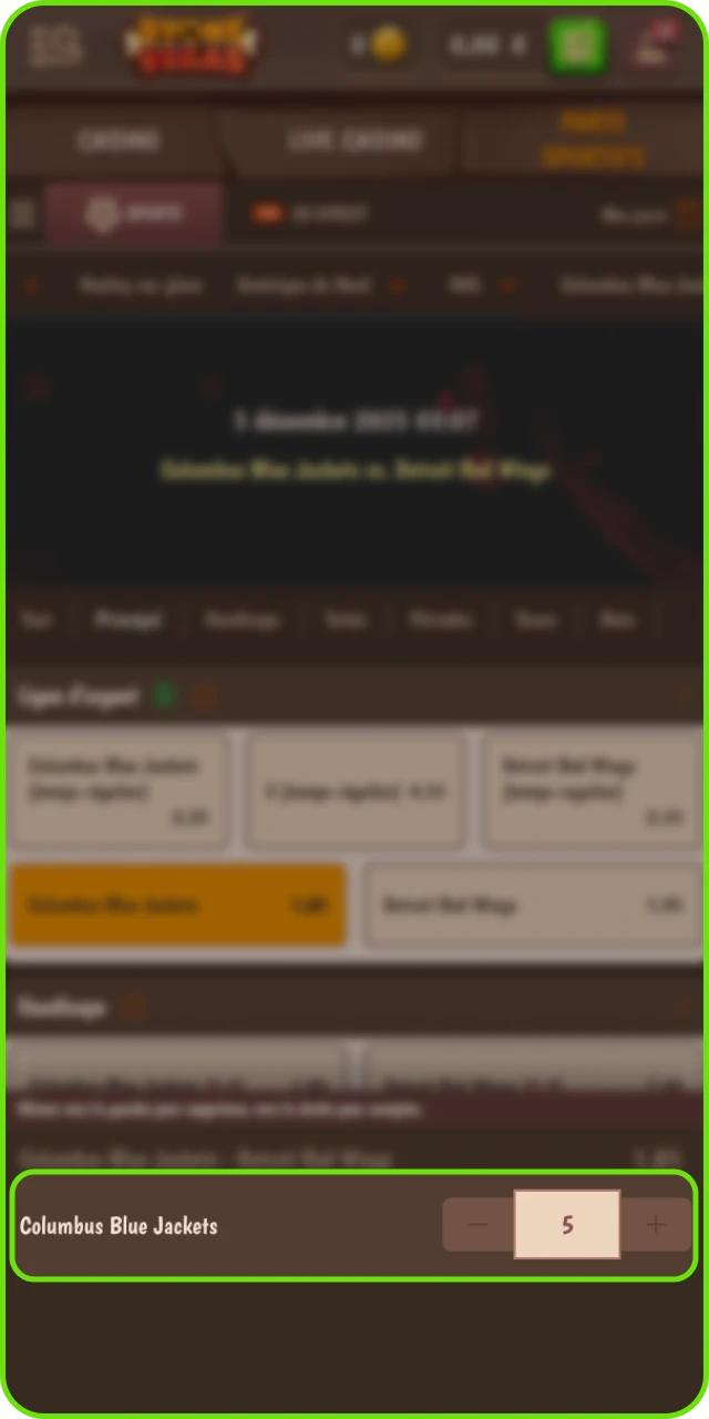 Saisie de la mise et confirmation du pari hockey sur Stonevegas.