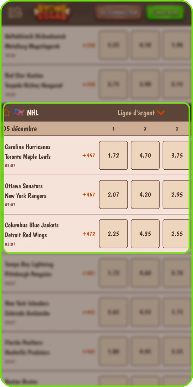 Sélection de la ligue et du match souhaité sur Stonevegas.