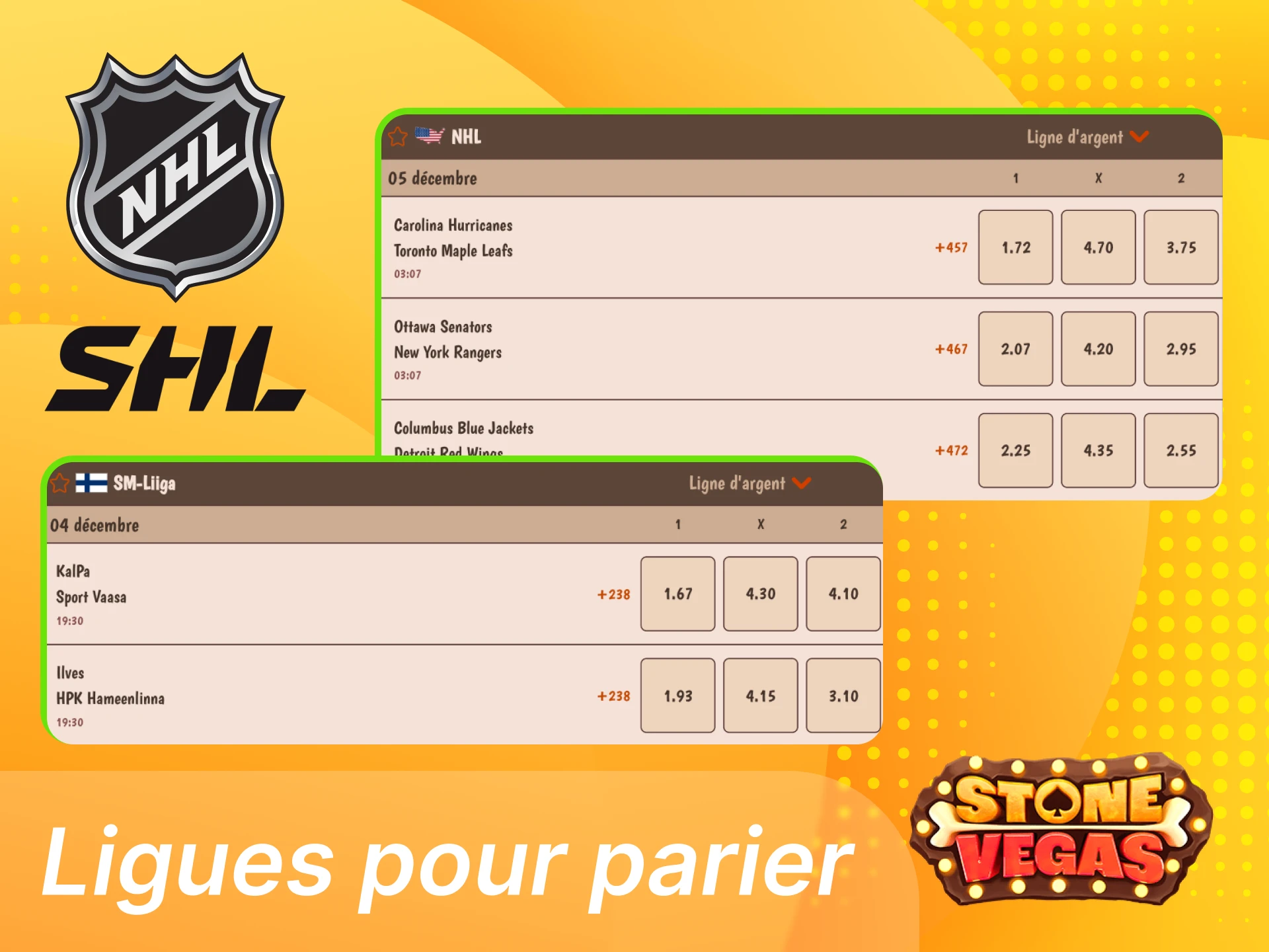Ligues de hockey sur glace incontournables sur Stonevegas pour parier, incluant NHL, Ligue Magnus, SHL, Liiga, National League, CHL et championnats IIHF.