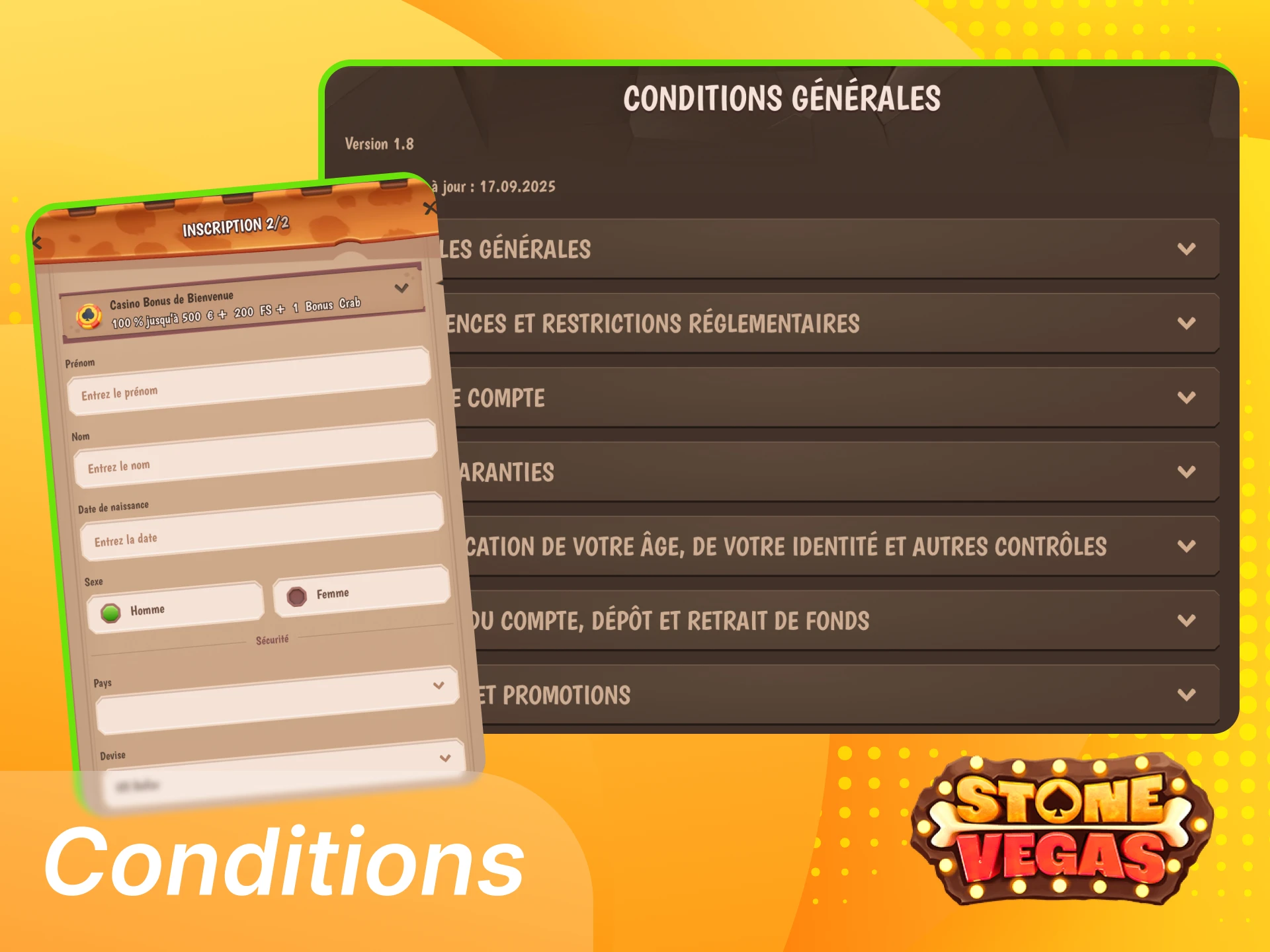 Stonevegas exige l’inscription de joueurs majeurs en France, avec des informations exactes et un seul compte par personne.