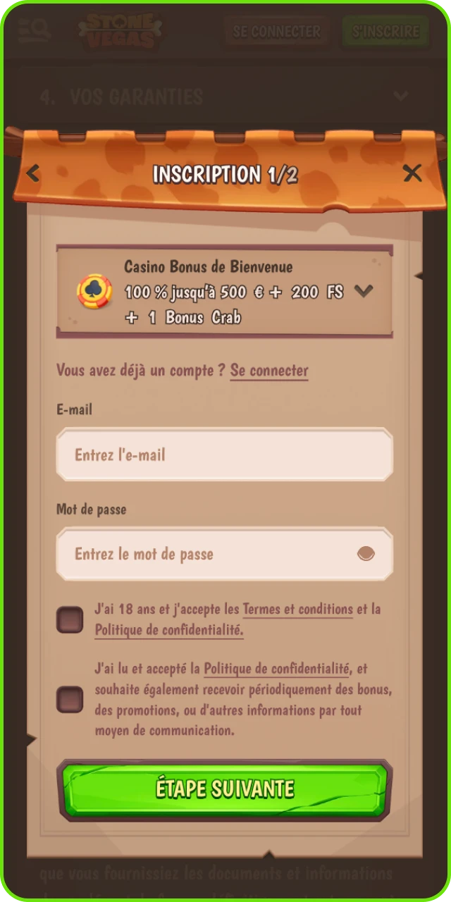 Sélectionnez votre méthode d’inscription sur Stonevegas, e-mail ou réseau social.