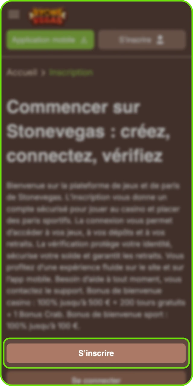 Commencez votre inscription sur Stonevegas et accédez à votre compte sécurisé.