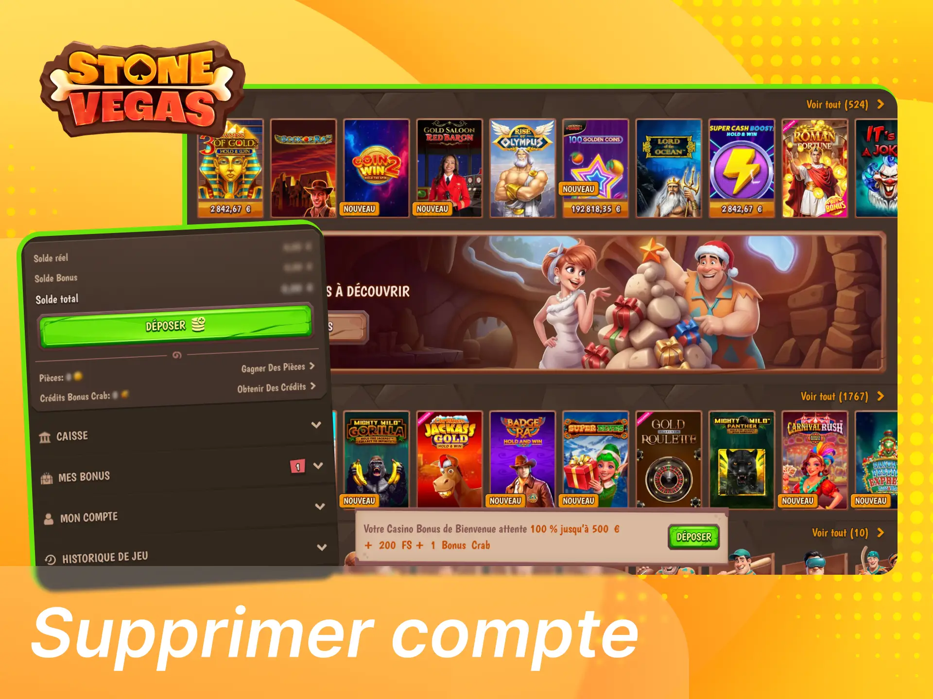 Stonevegas permet de supprimer ou suspendre votre compte, choisir entre pause, auto-exclusion ou fermeture définitive, confirmer la demande et retirer le solde disponible.