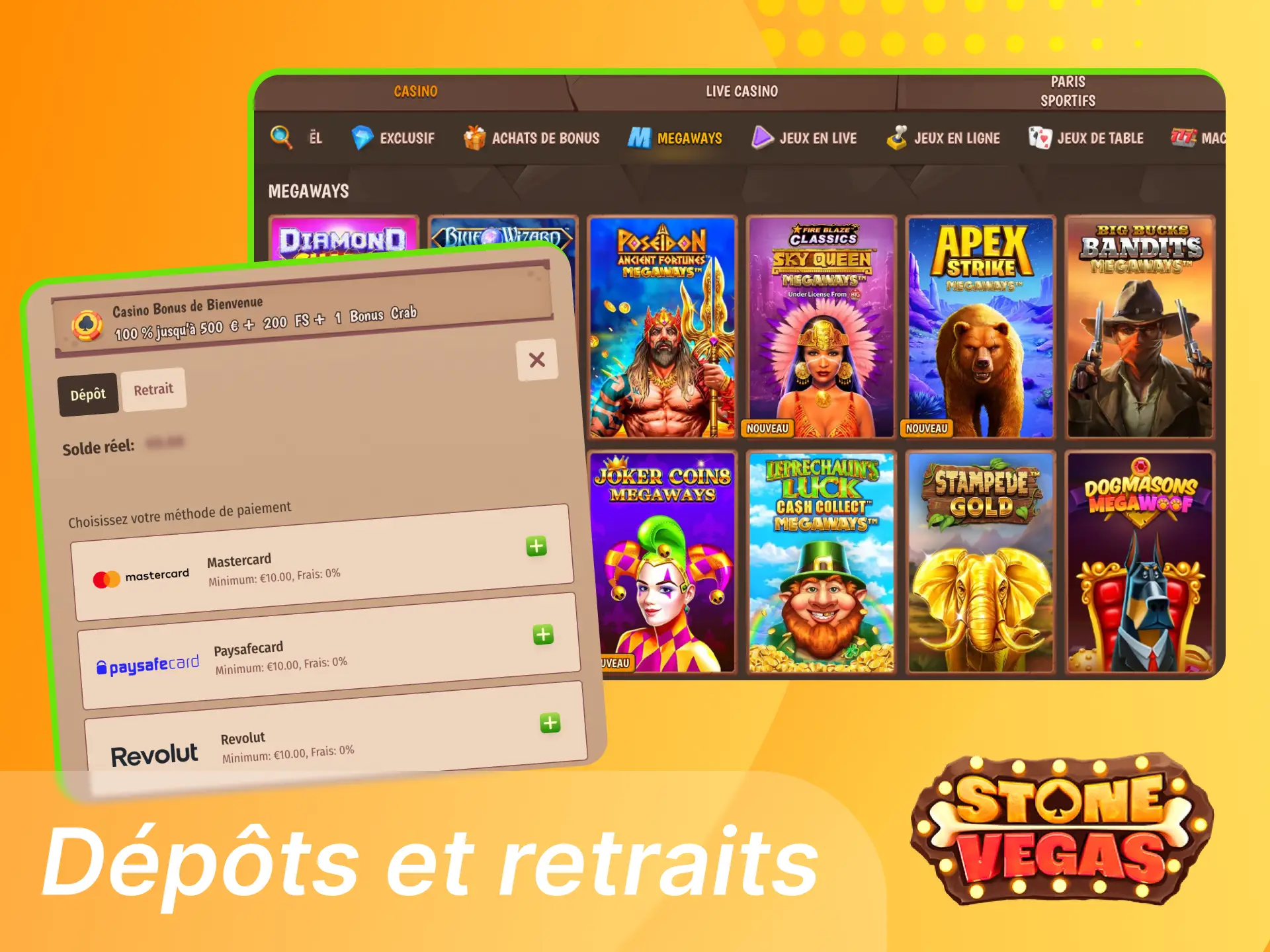 Méthodes de dépôt et retrait Stonevegas incluant cartes e-wallets virement et crypto.