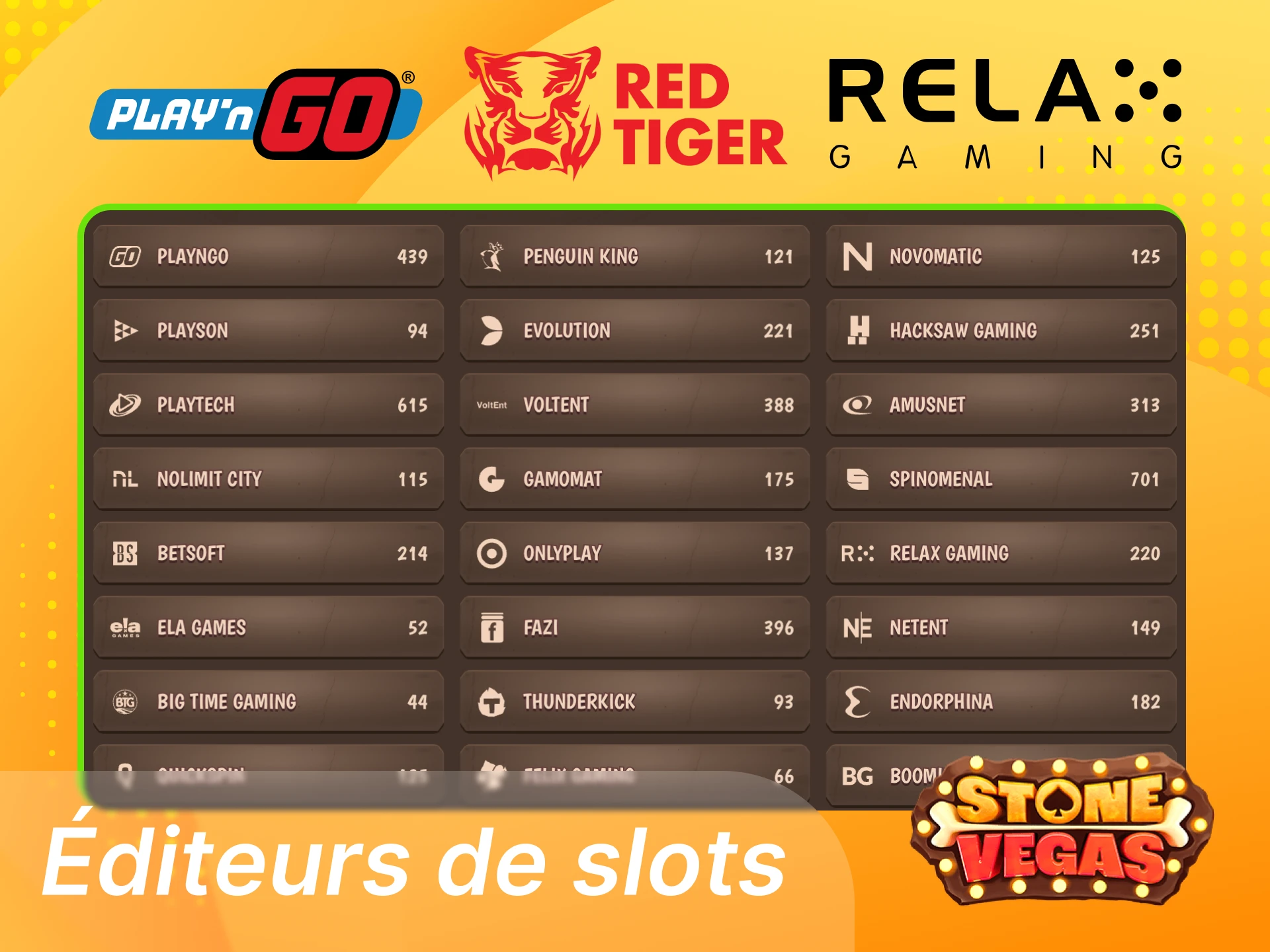 Éditeurs de machines à sous Stonevegas avec grands studios renommés et plus de 85 fournisseurs représentés.