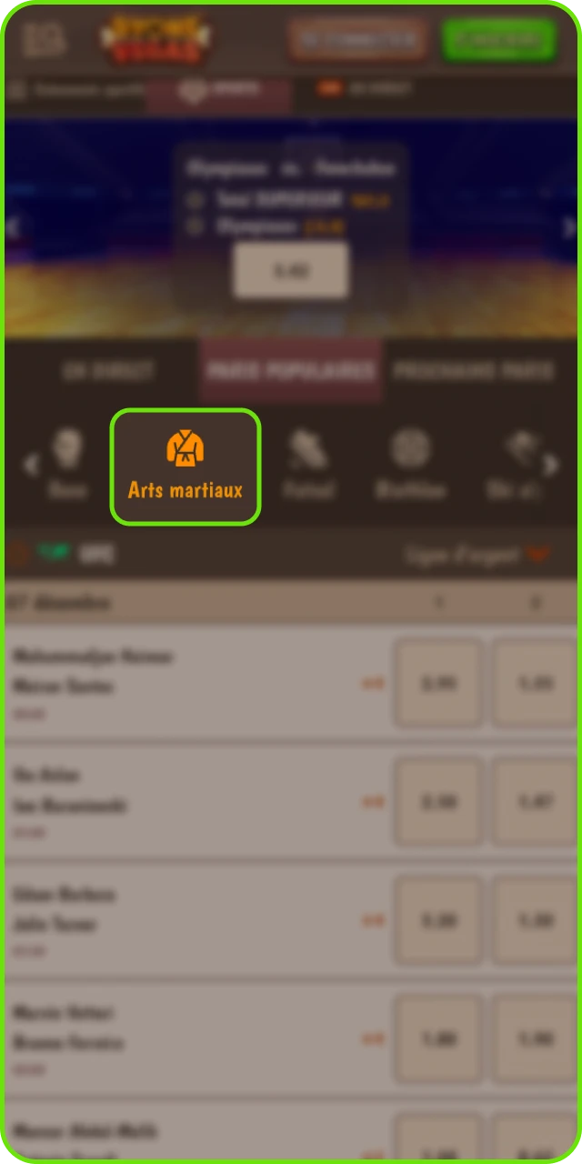 Accès à la page MMA Stonevegas et sélection d’un combat UFC ou autre ligue.