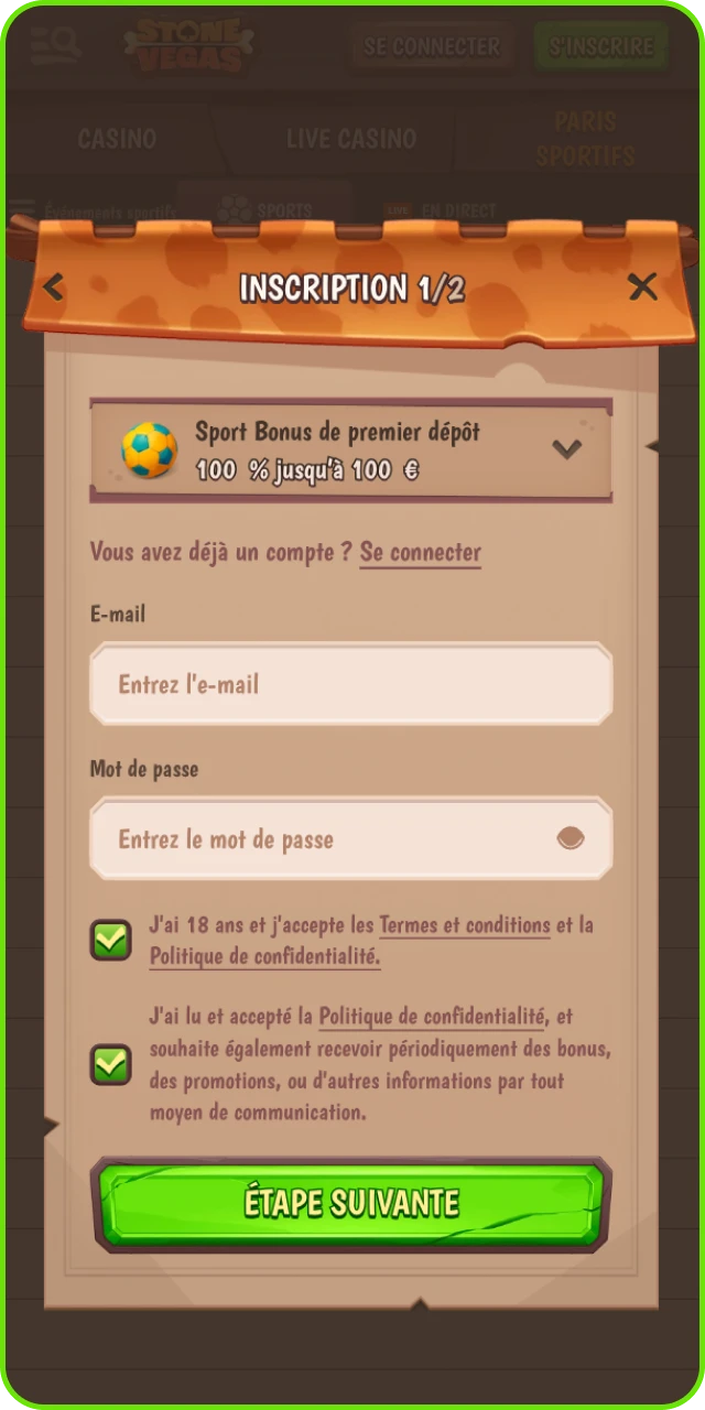 Création de compte Stonevegas avec confirmation d’identité et IBAN.