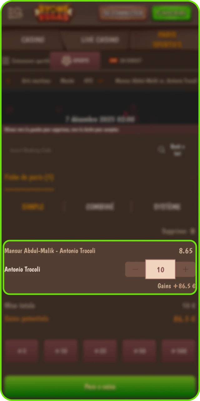 Saisie de la mise, vérification et validation du pari MMA sur Stonevegas.