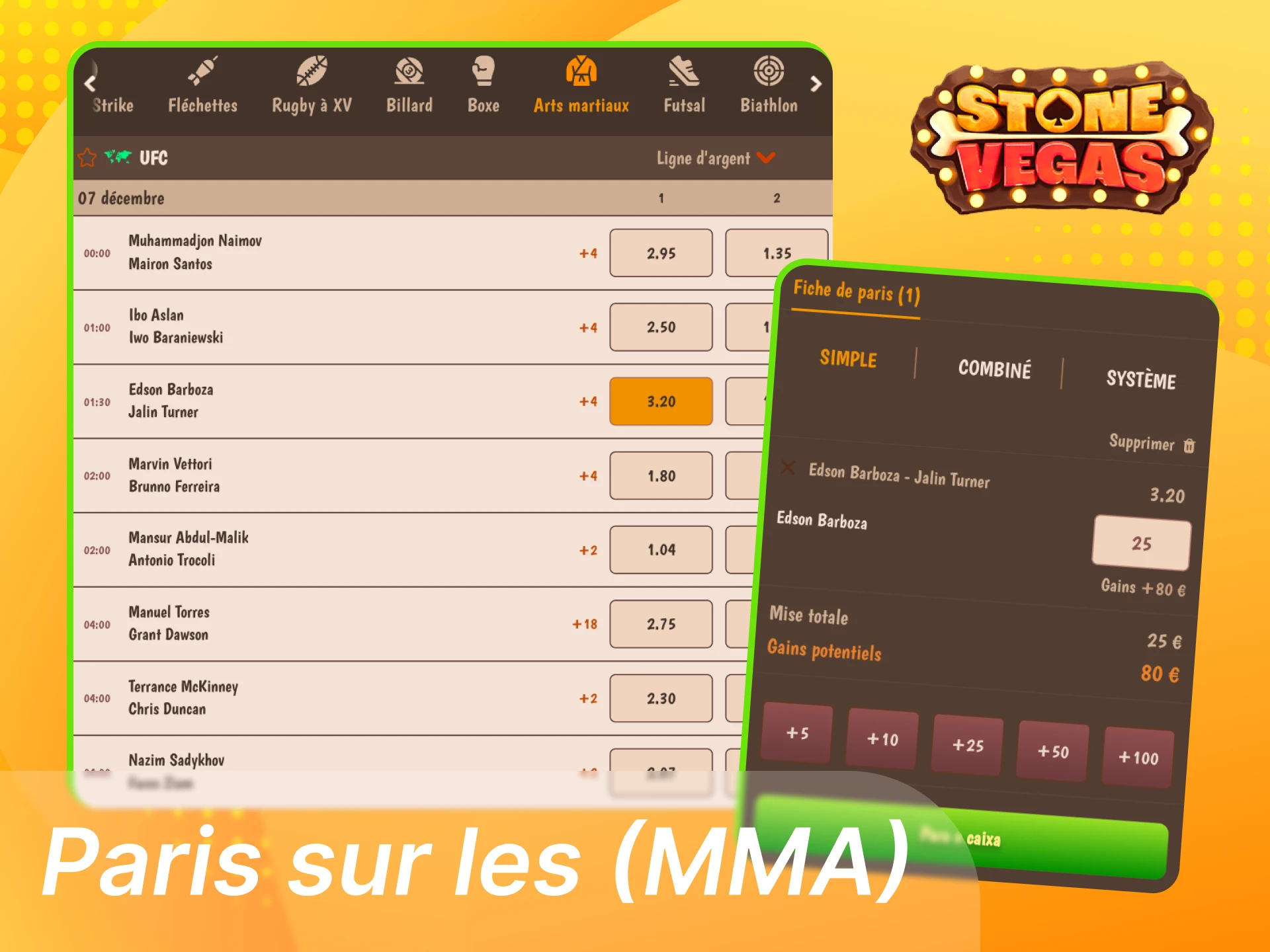 Atouts des paris MMA sur Stonevegas avec cotes compétitives, marchés variés, Cash Out, suivi live, combinés et outils de jeu responsable.