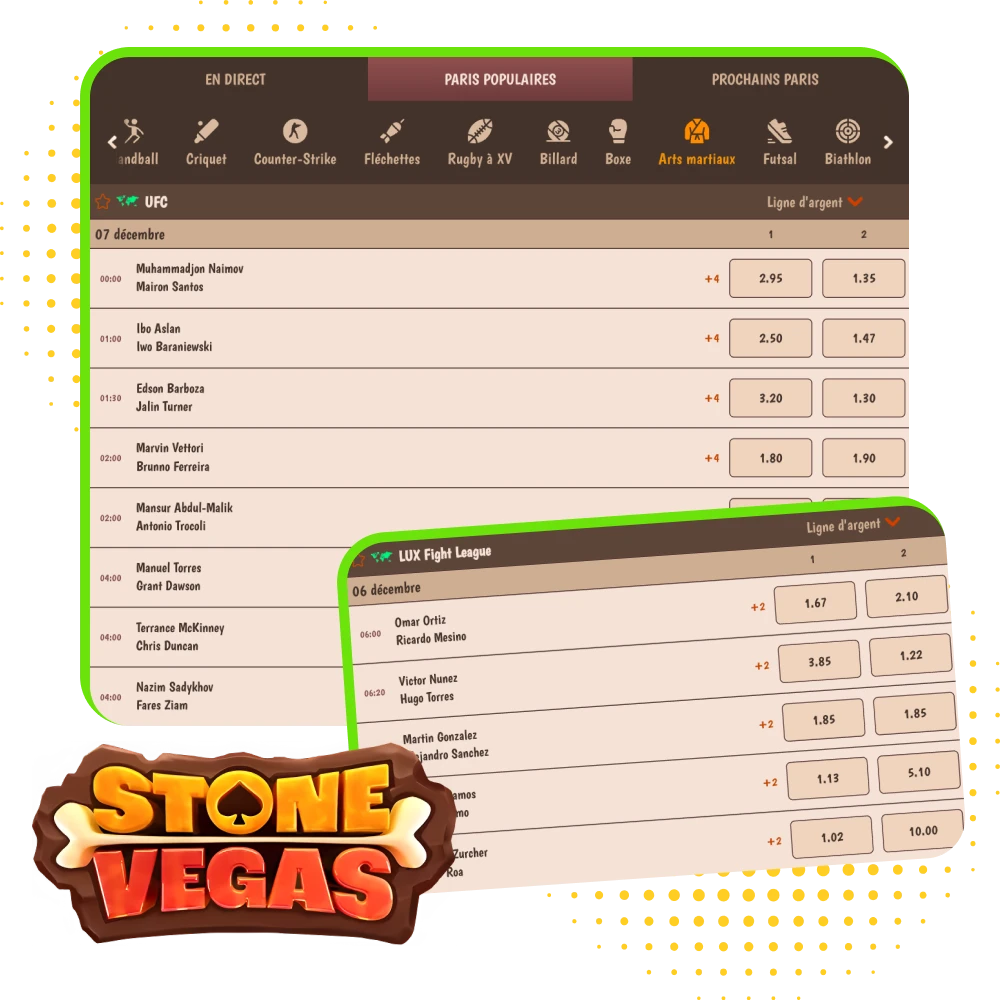 Pariez sur l’UFC et autres combats MMA sur Stonevegas avec cotes à jour, marchés variés, Cash Out et bonus de bienvenue.