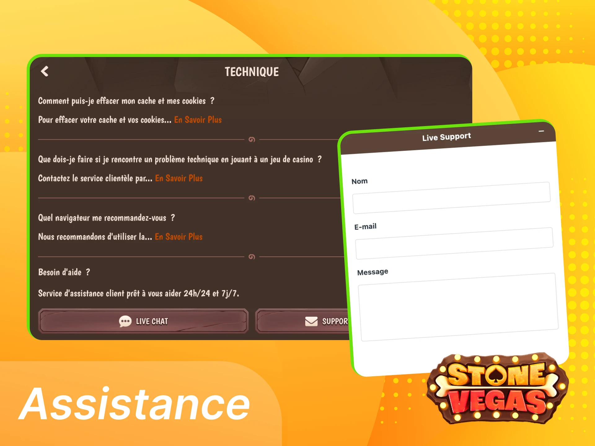 Support Stonevegas disponible 24h sur 24 et 7j sur 7 en France, chat, e-mail et téléphone, assistance francophone pour comptes, dépôts et retraits.