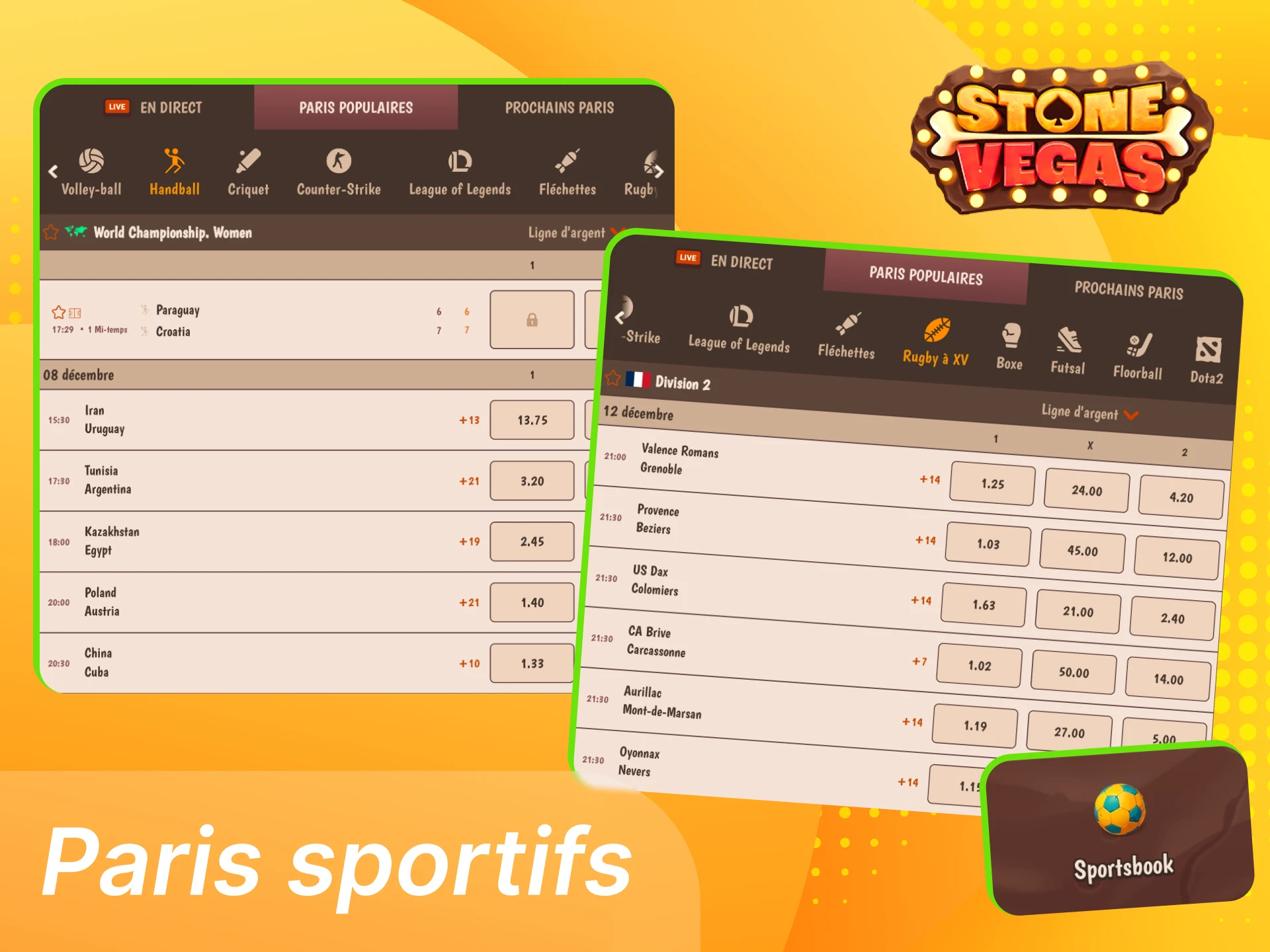 Paris sportifs Stonevegas en France, plus de 35 disciplines dont football, tennis, rugby, basket, handball, cyclisme, Formule 1 et MMA.