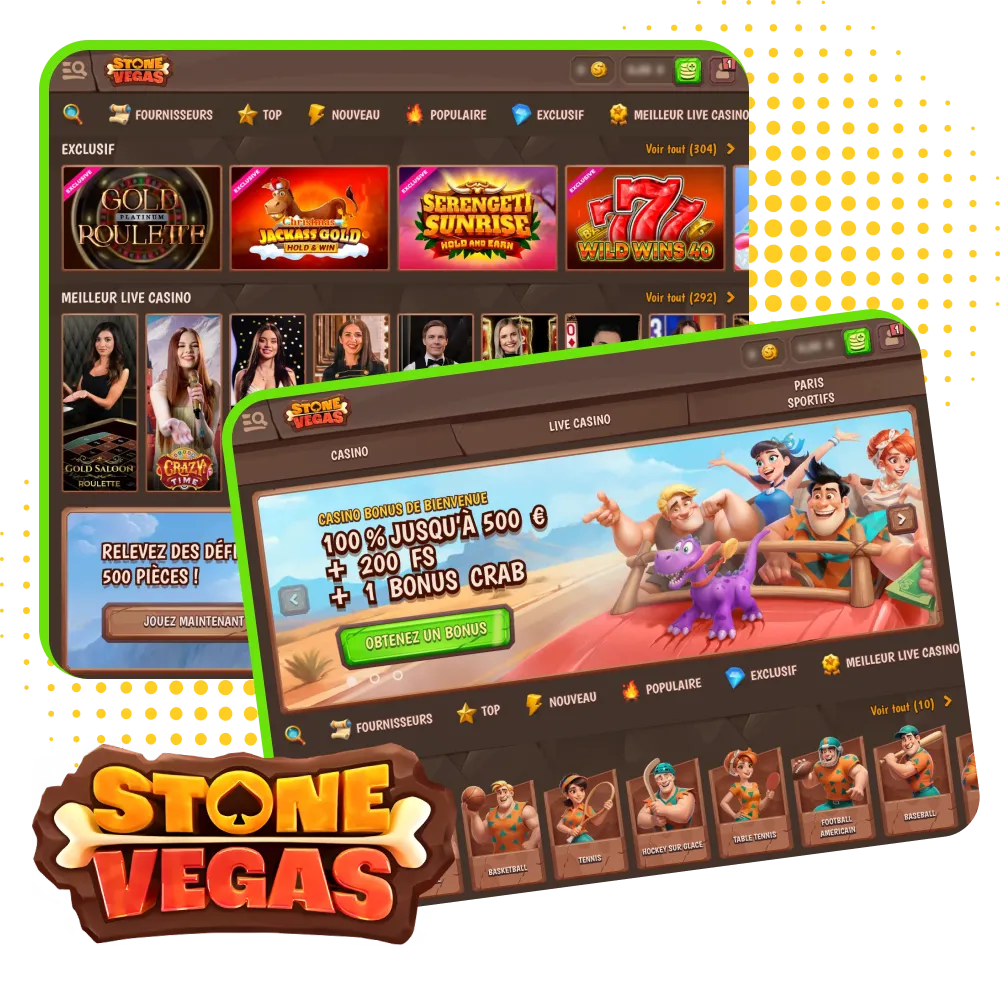 Présentation de Stonevegas en France avec jeux de casino, paris sportifs, application mobile sécurisée et bonus de bienvenue casino et sport.