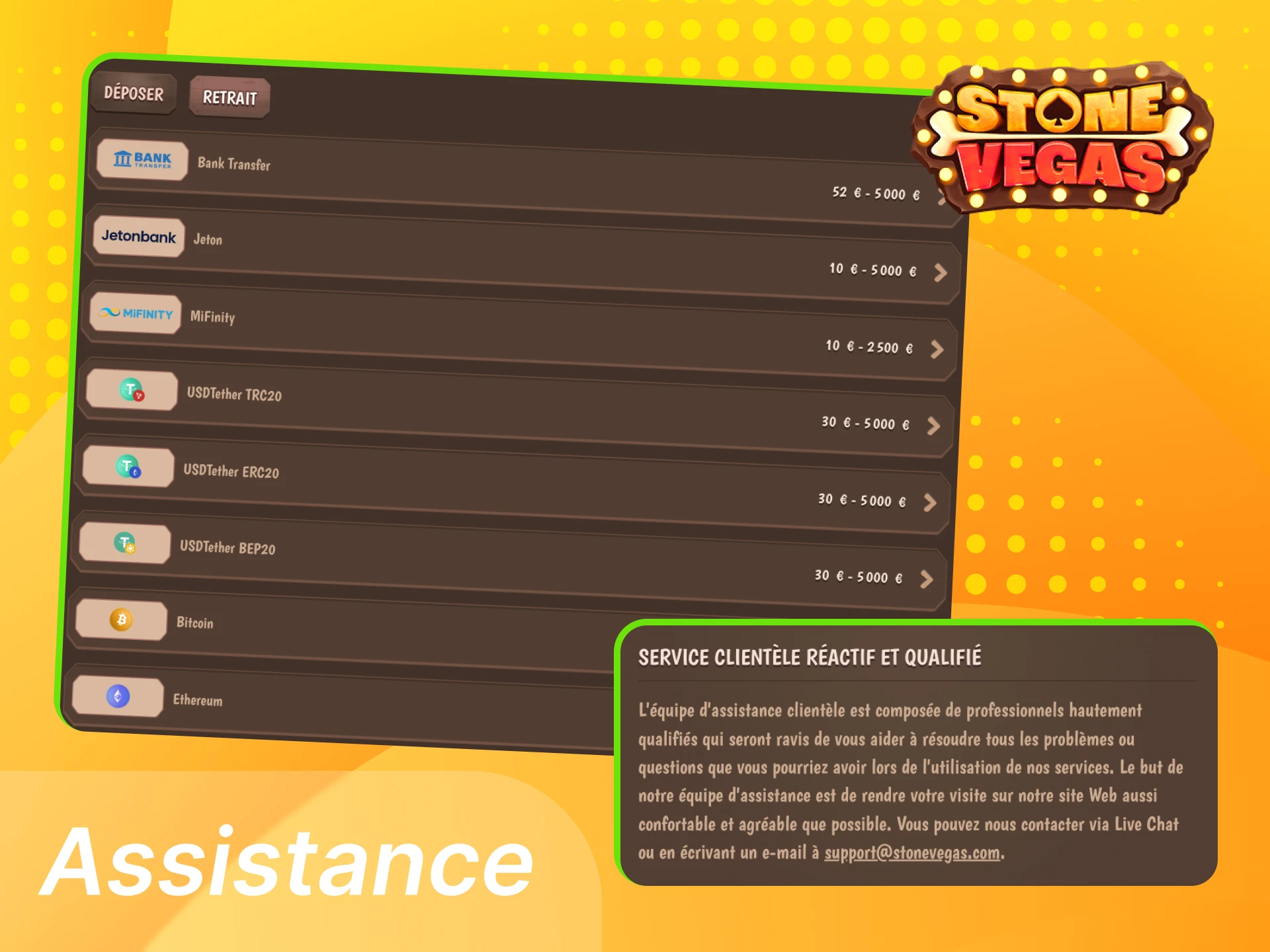 Support Stonevegas pour retraits, aide en cas de retard, échec ou informations supplémentaires nécessaires.