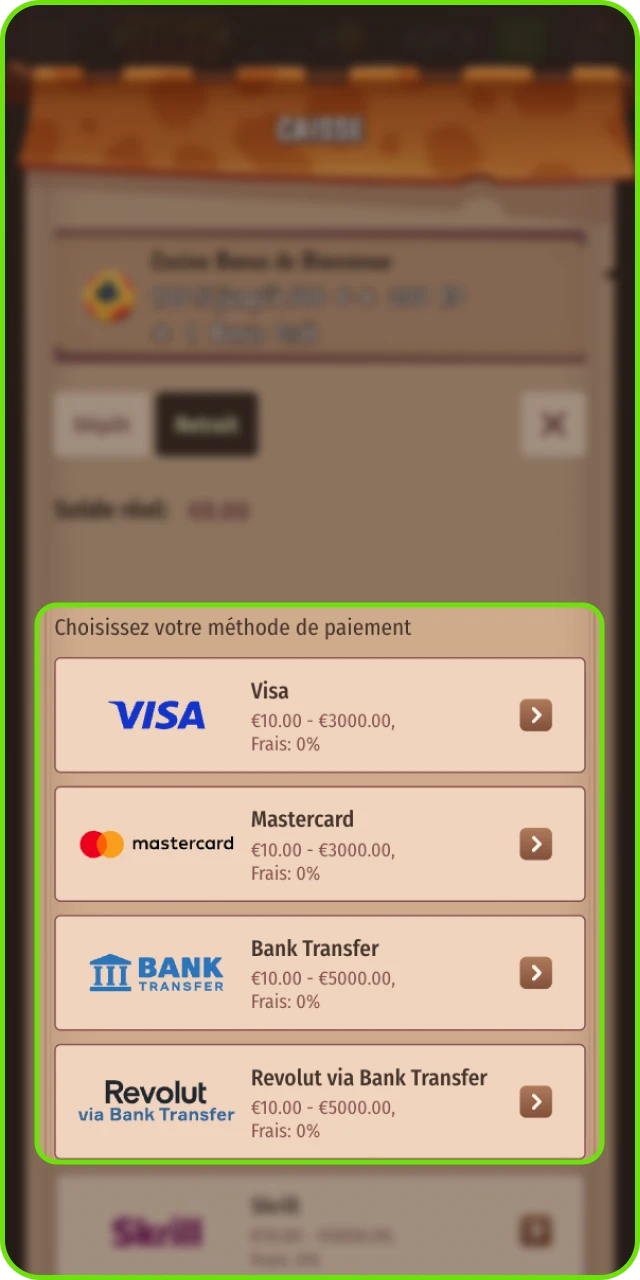 Choisir le moyen de paiement utilisé précédemment pour un traitement rapide sur Stonevegas.