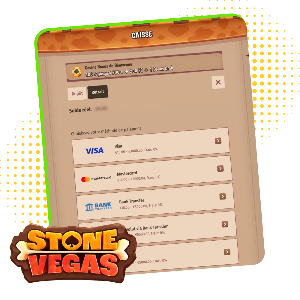 Stonevegas France, retraits sécurisés par cartes, virement, crypto et e‑wallets.