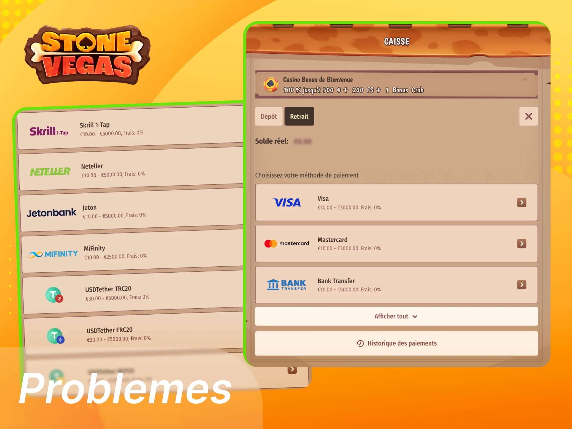 Problèmes de retrait sur Stonevegas, vérification KYC, respect des conditions de bonus, choisir un moyen éligible et ajuster le montant selon les limites.