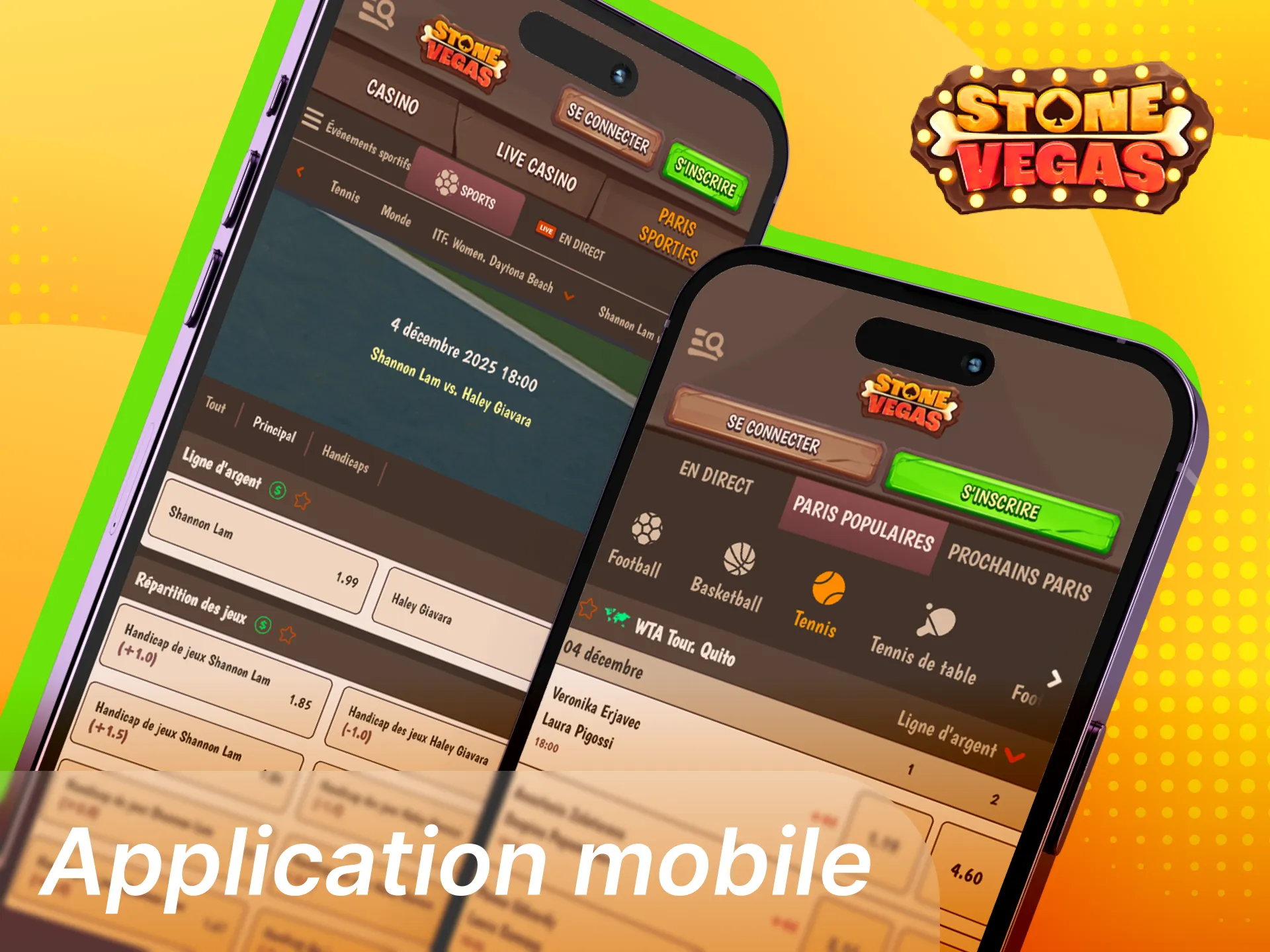 Parier au tennis sur l’application mobile Stonevegas avec cotes en direct, notifications, combinés et Cash Out.