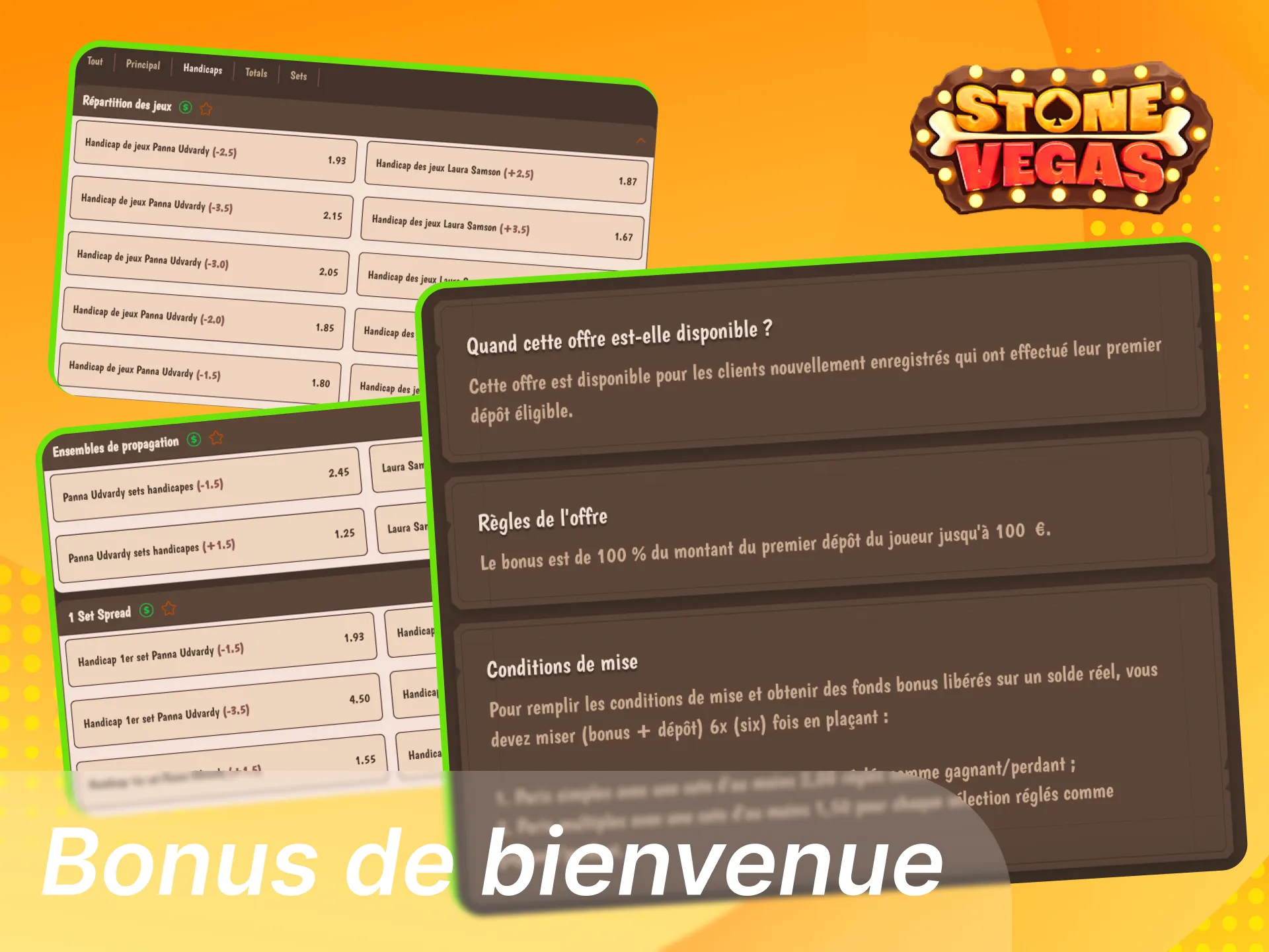 Bonus de bienvenue tennis Stonevegas offrant en paris gratuits sur le premier pari éligible avec conditions et gains nets retirables.