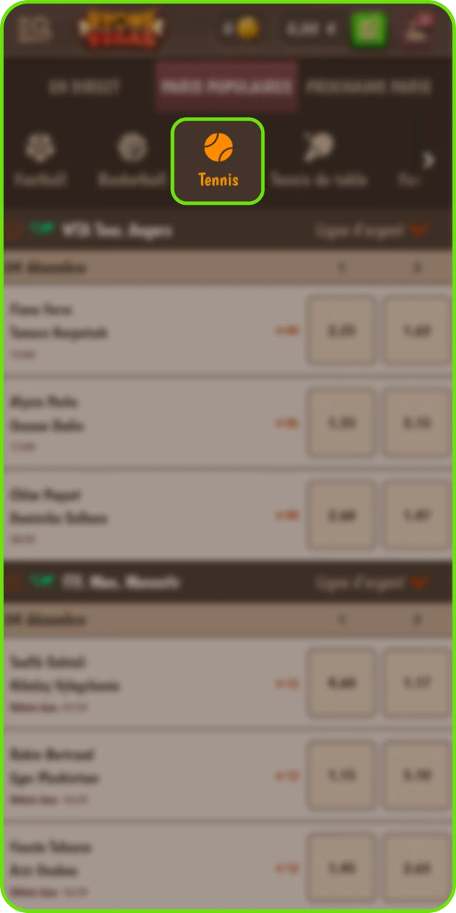 Accès à la page tennis Stonevegas et sélection du tournoi ou match.