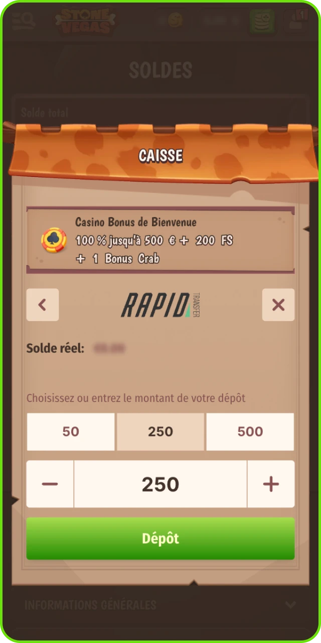 Dépôt de fonds sur Stonevegas via carte, virement ou portefeuille accepté.