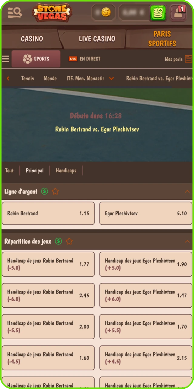 Choix du marché de pari tennis, saisie de la mise et validation sur Stonevegas.