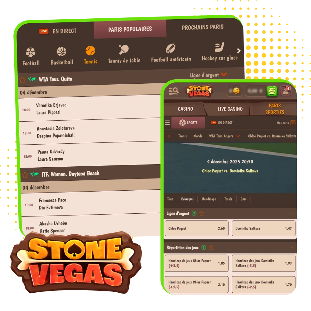 Pariez sur le tennis sur Stonevegas avec cotes en temps réel, marchés pré‑match et live, Cash Out et bonus de bienvenue pour nouveaux inscrits.