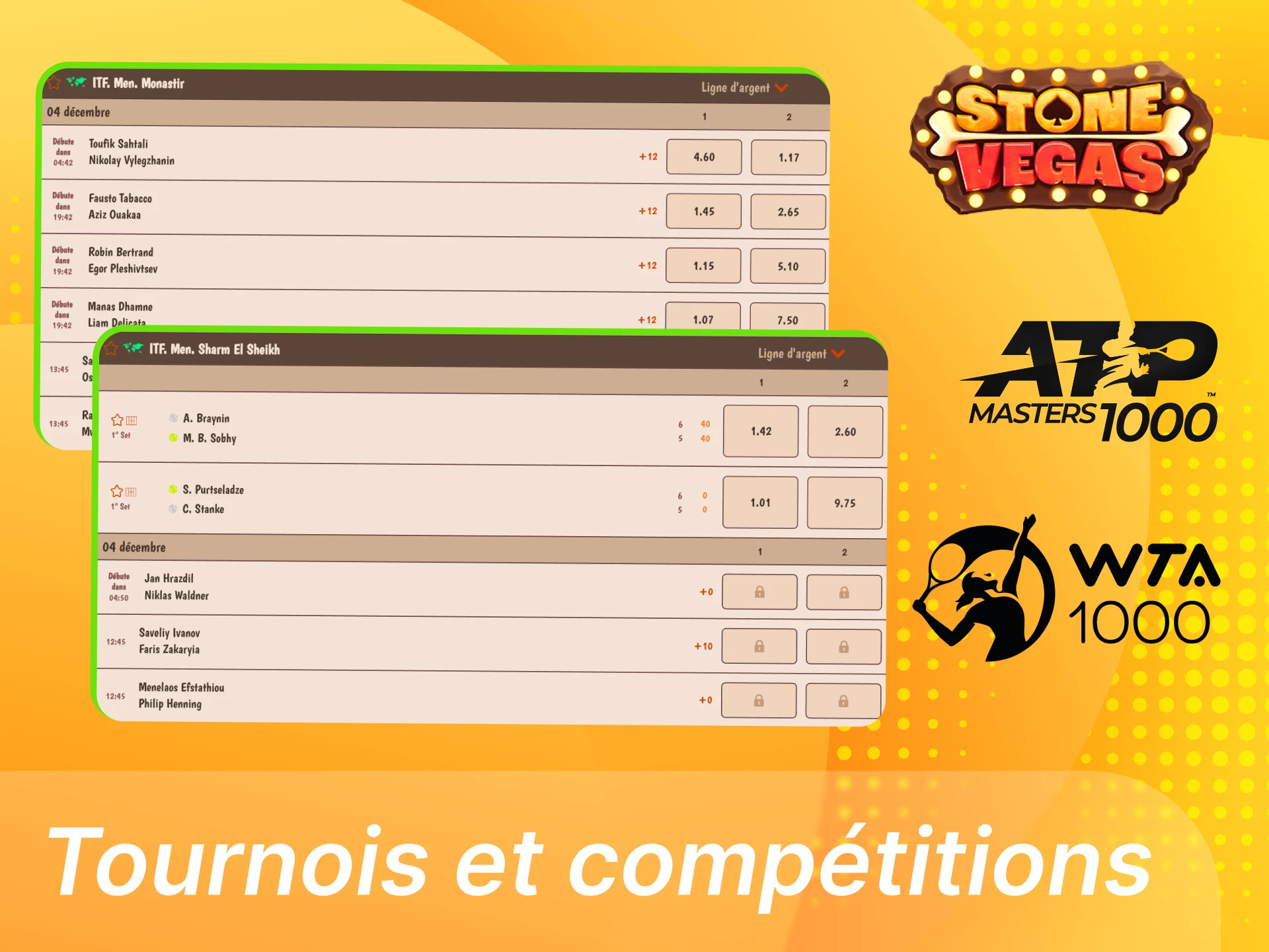 Tournois et compétitions de tennis disponibles sur Stonevegas incluant Grands Chelems, ATP Masters 1000, WTA 1000 et ATP 500/250.